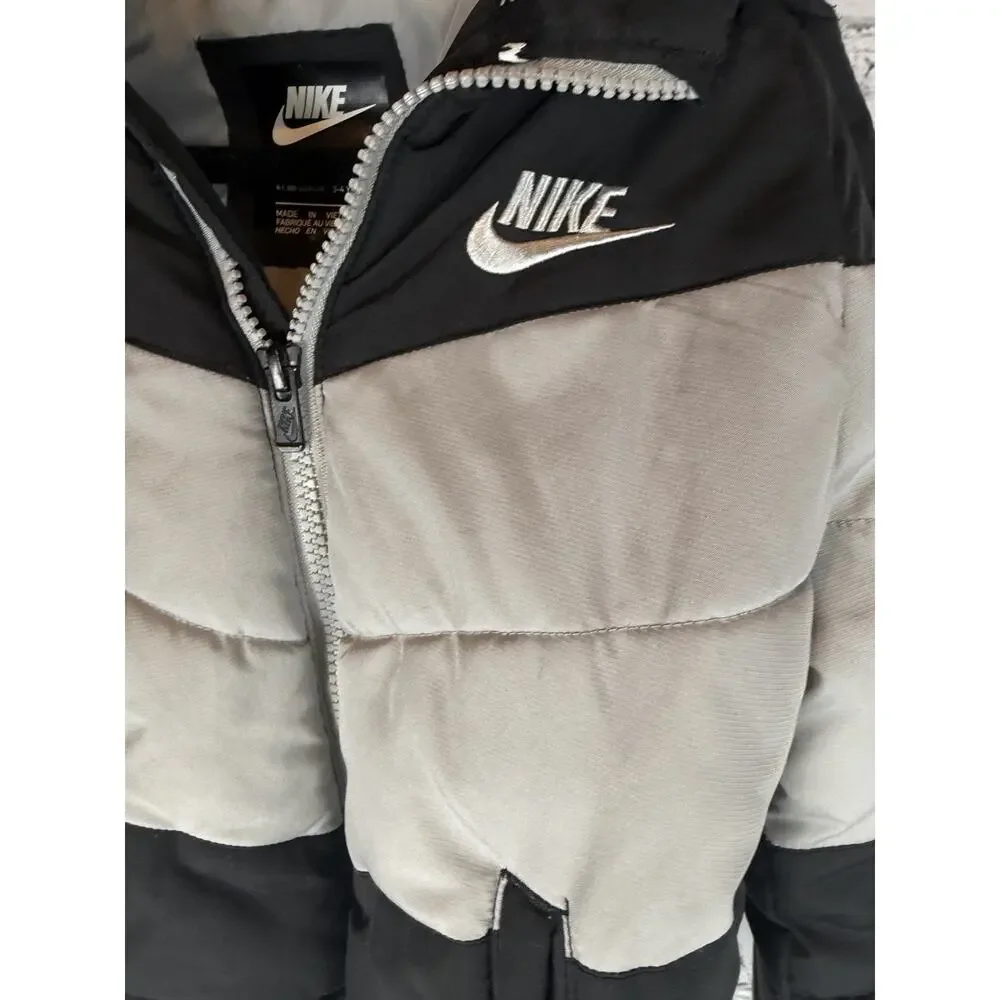 Toddler Boys Grey and Black Puffer Nike Throwback‎ Coat 4T Winter Swoosh